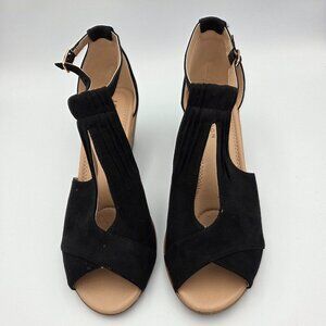 Journee Collection 9.5W Black Suede Sandal,  Ankle Buckle Strap  2.5" Wedge Heel